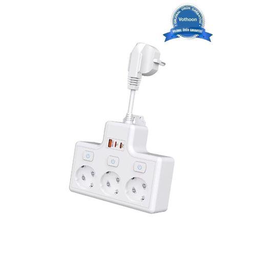Termal Akım Korumalı 3’lü Duvar Tipi Priz 1x Usb 2x Type-c Çıkışlı Grup Priz Çoğaltıcı (3500w)