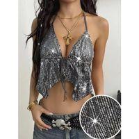 Kadın Metalik Gümüş Pul  Detaylı Crop Askılı Önden Bağlama 5093