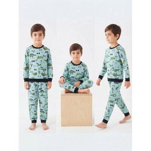 4/10 Yaş Dino Baskılı Pamuk Penye Çocuk Pijama Takımı