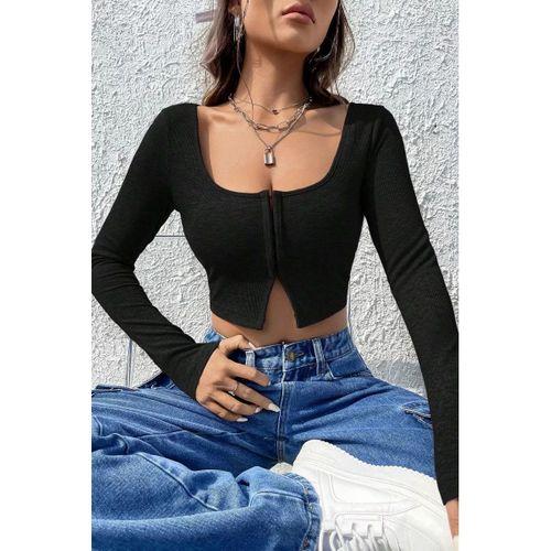 Kadın Siyah Uzun Kollu Agraflı Göğüs Ve Göbek Dekolteli Crop Top Bluz