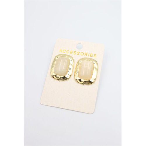 Taşlı Metal Küpe - Krem