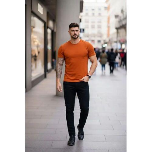 Erkek T-Shirt Bisiklet Yaka Slim Fit Dar Kesim Likralı Tişört Günlük Basic Body - Koyu Turuncu
