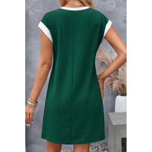 Kadın Kısa Kollu Yuvarlak Yakalı Kontrast Manset Detaylı Kısa Janjan Krep Elbise
