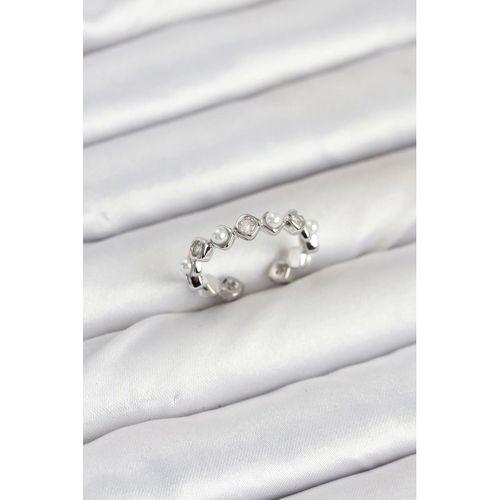 Pirinç Gümüş Renk Zirkon Taşlı İncili Kadın Yüzük