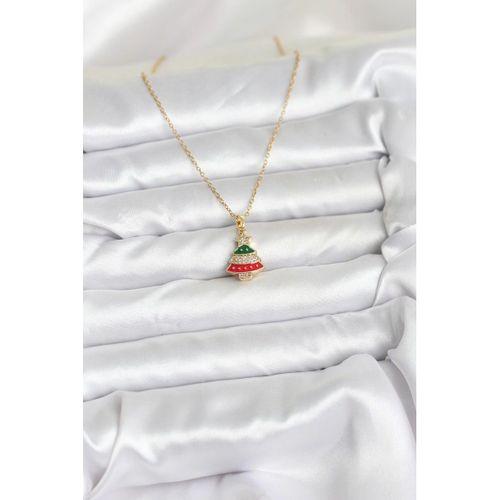 316L Çelik Zincir Gold Ren Çam Ağacı Model Zirkon Taşlı Yılbaşı Temalı Kadın Kolye