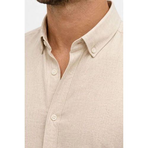 Erkek KETEN Kumaş Oversize Uzun Kollu Rahat Kalıp Gömlek - Bej