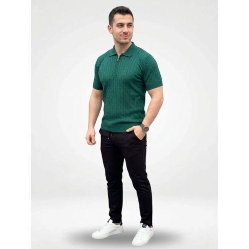Erkek Yazlık Triko Saç Örgü Tişört Kısa Kol Polo Yaka Fermuarlı T-Shirt - Haki