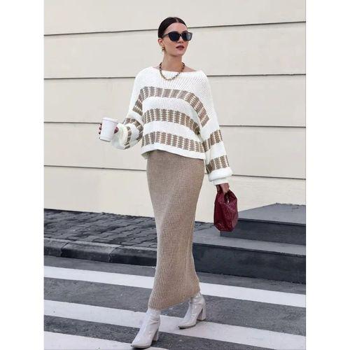 Kadın Uzun Kollu Kayık Yakalı Salaş Triko Bluz Ve Etek Ikili Takım