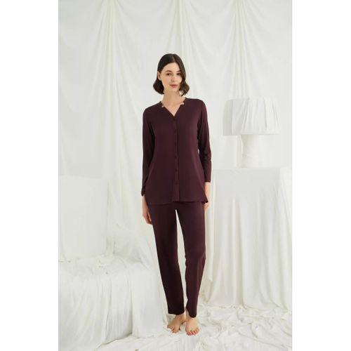 Uzun Kollu Boydan Düğmeli V Yaka Pijama Takımı