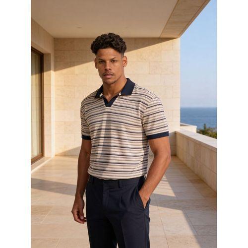 Gert Relaxed Fit Çizgili Pike Kumaş V Pat Polo Yaka T-Shirt - Lacivert