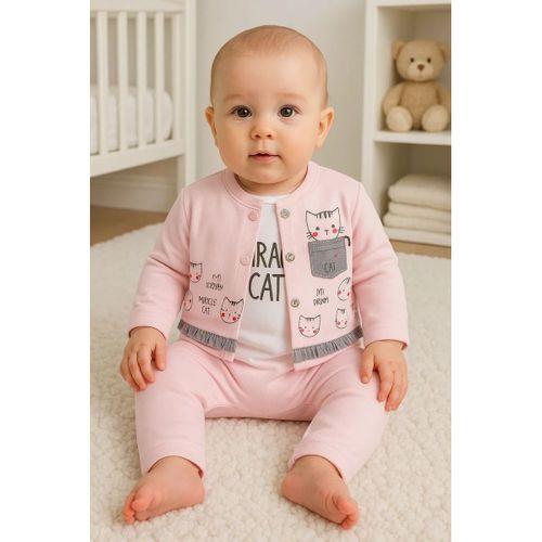 Kedi Desenli 3'lü Hırkalı Kız Bebek Takım