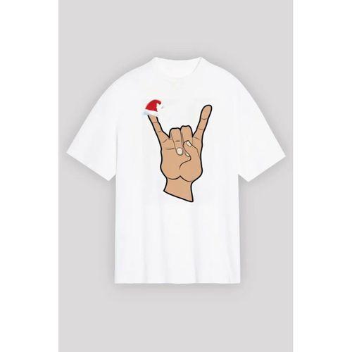 Yılbaşı Noel Başlıklı Serçe Parmak Baskılı Oversize Bisiklet Yaka T-shirt - Beyaz