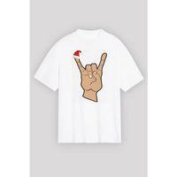 Yılbaşı Noel Başlıklı Serçe Parmak Baskılı Oversize Bisiklet Yaka T-shirt - Beyaz