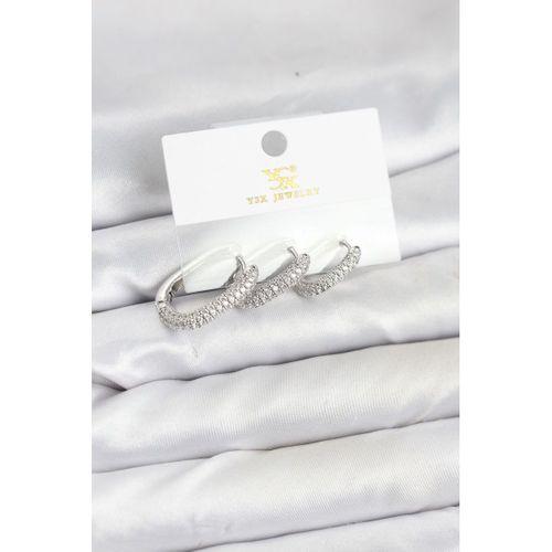 Pirinç Gümüş Renk Zirkon Taşlı Halka Model YSX Trio Küpe Seti