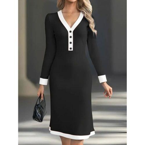 Kadın Uzun Kollu V Yakalı Düğmeli Midi Modal Elbise