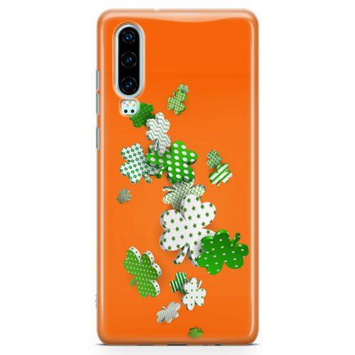 Huawei P30 Kılıf Yeşil Beyaz Yoncalar Arka Kapak Koruma Desenli Full Koruyucu
