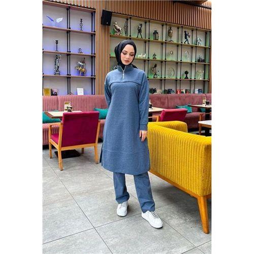 Dik Yaka Kısa Fermuarlı Yırtmaçlı Sade Basic Uzun Tunik ve Pantolon İkili Spor Takım - 03062.006 - İndigo