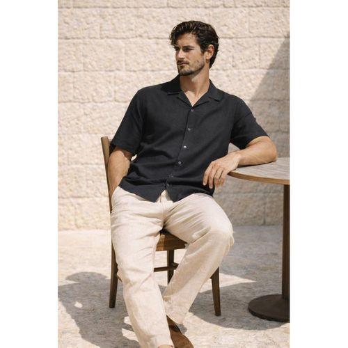 Doris Oversize Kalıp Odessa Kumaş Resort Yaka Kısa Kollu Erkek Gömlek - Siyah