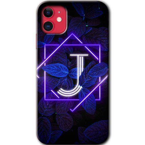 iPhone 11 Kılıf Baskılı Kapak - Dark Neon Yaprak J Harfi + 5D Tam Kaplayan Cam