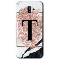 Samsung Galaxy J6 Plus Kılıf Baskılı Kapak - Pembe Mermer Desenli T Harfi + 5D Tam Kaplayan Cam