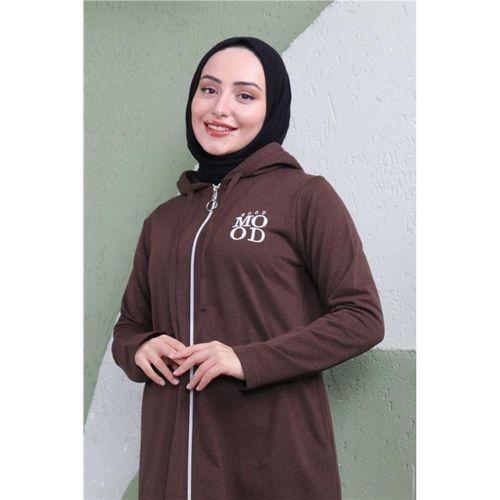 Yazı Baskılı Fermuarlı Kapşonlu Uzun Sweat - 03081.028 - Kahverengi