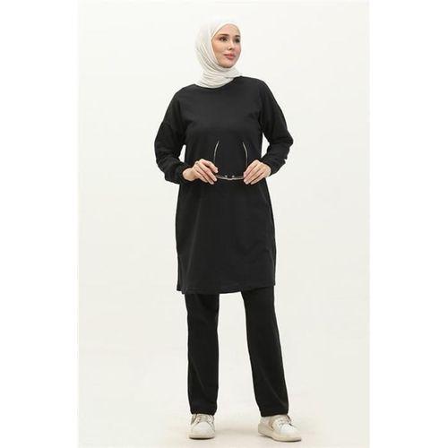 Yırtmaçlı Bisiklet Yaka Sade Basic Eşofman Spor İkili Takım - 03060.003 - Siyah