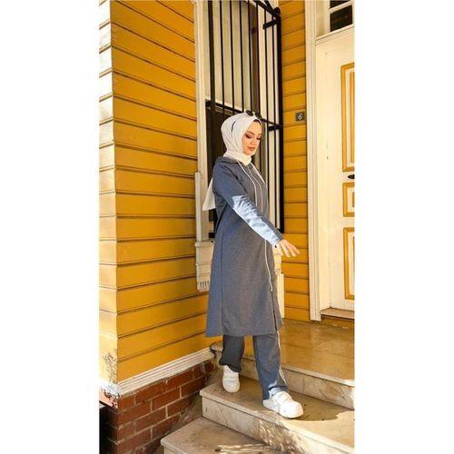 Fermuarlı Kapşonlu Uzun Tunik Pantolon İkili Tesettür Eşofman Takımı - 03077.006 - İndigo