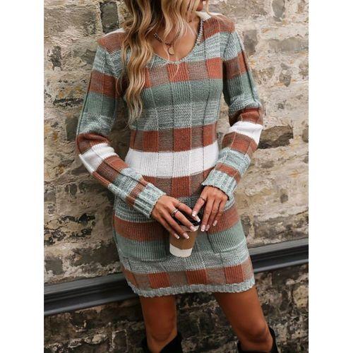 Kadın Uzun Kollu V Yakalı çizgili çok Renkli Triko Mini Elbise