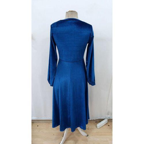 Kadın Uzun Kollu Bisiklet Yaka Midi Kadife Mavi Elbise