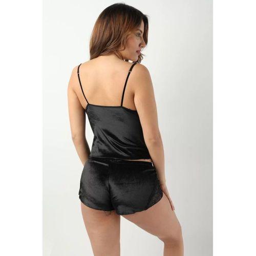 Siyah Kadife Dantelli Sabahlık & Gecelik Takım 3' Lü - 1399