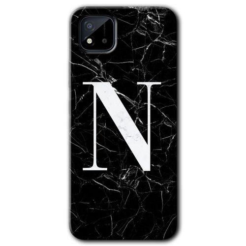 Realme C11 Kılıf Baskılı Arka Kapak - Siyah Mermer Desenli N Harfi +Tam Ekran Koruyucu