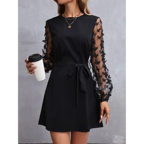 Kadın Uzun Kollu Bisiklet Yaka Kollar Tül Kelebek Detaylı Ithal Krep Elbise