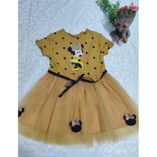 2-3-4 Yaş Puantiyeli Mickey Baskılı Kurdela Kuşaklı Astarlı Kız Bebek Tütü Elbisesi Hardal