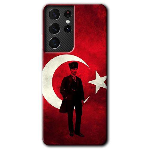Samsung Galaxy S21 Ultra Kılıf HD Desen Baskılı Arka Kapak + Temperli Cam - Atatürk Bayrak