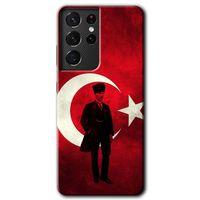 Samsung Galaxy S21 Ultra Kılıf HD Desen Baskılı Arka Kapak + Temperli Cam - Atatürk Bayrak