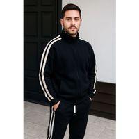 Erkek Çift Şeritli Eşofman Takım Dik Yaka Fermuarlı Sweatshirt Boru Paça Alt, Oversize 3 Iplik Pamuklu - Siyah