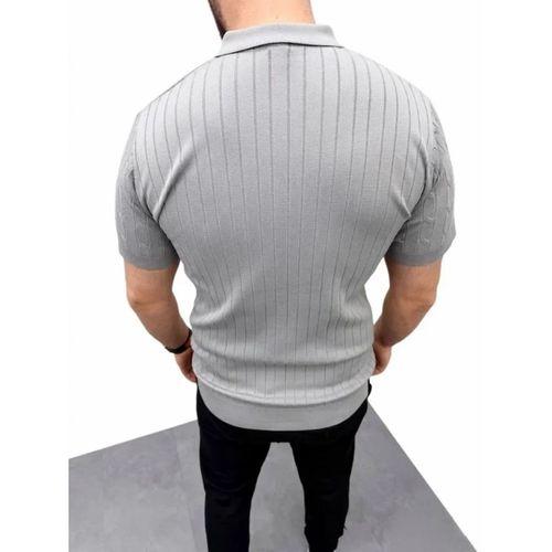 Erkek Yazlık Triko Saç Örgü Tişört Kısa Kol Polo Yaka Fermuarlı T-Shirt - Gri