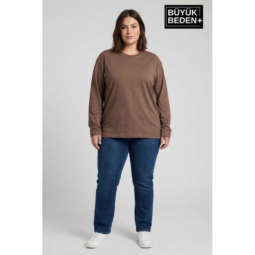 Kadın Büyük Beden Uzun Kollu 2 İplik Bisiklet Yaka Tişört