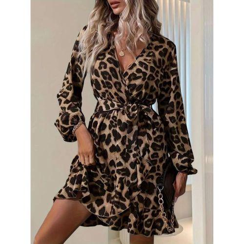 Kadın Uzun Kollu Kruvaze Yaka Belden Kuşaklı çapraz Kesim Detaylı Leopar Modal Mini Elbise
