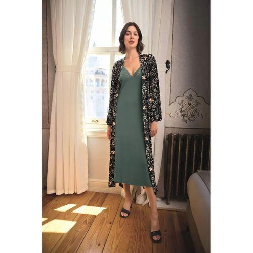 Çiçek Ve Yaprak Desenli Dantelli Ve Dekolteli Sabahlık Takımı