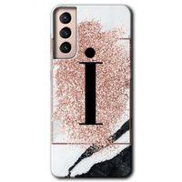 Potkal Hediye Fabrikası Samsung Galaxy S21 Kılıf HD Desen Baskılı Arka Kapak - Pembe Mermer Desenli İ Harfi