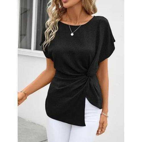 Kadın Kısa Kollu Yuvarlak Yakalı Yandan Sarmal Detaylı Bürümcük Bluz