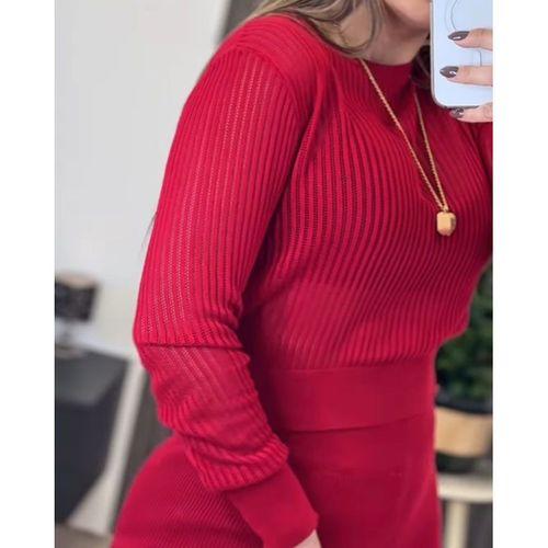 Kadın Uzun Kollu Yuvarlak Yaka Transparan Detaylı Triko Bluz Ve Pantolon Ikili Takım