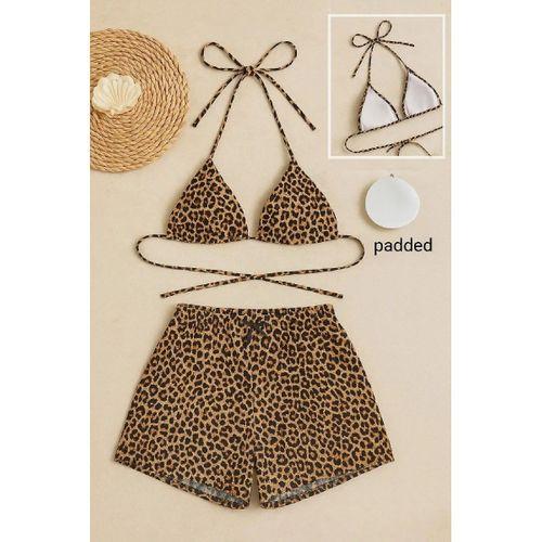 Leopar Desenli Şortlu Bağlamalı Bikini Takımı Üçgen Kesim Ayarlanabilir Esnek Kumaş Kadın Mayo Seti