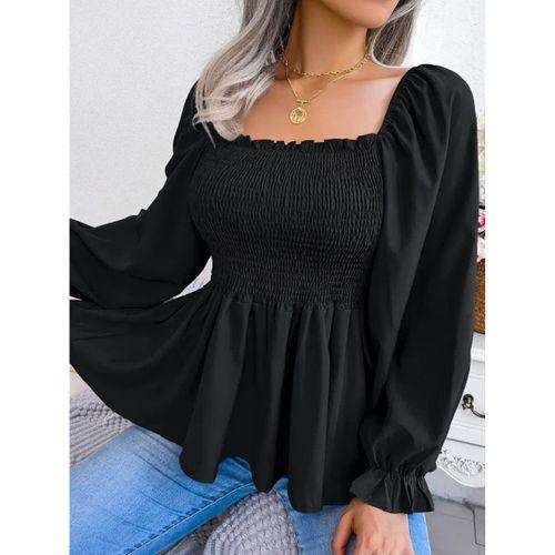 Kadın Uzun Kollu Geometrik Yakalı Gipe Detaylı Krep Bluz