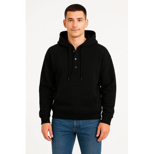 Erkek Ovarsize Kapüşonlu Swetshirt Kanguru Çepli Cıtcıtlı 3 Iplik Şardonlu Hoodie - Siyah