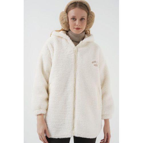 9102 Oversize Kapüşonlu Beyaz Peluş Kaban