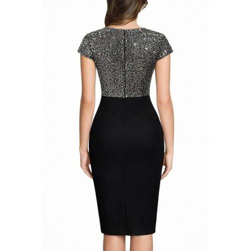 Kadın Kısa Kollu Kruvaze Yakalı ışıltı Detaylı Midi Ithal Krep Elbise