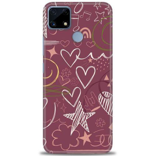 Realme C25s Kılıf HD Baskılı Kılıf - Notalar ve Kalpler Bordo + Tam Ekran Koruyucu