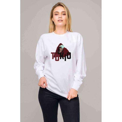 La Case De Papel Tokyo Tokio Baskılı Beyaz Kadın Sweatshirt